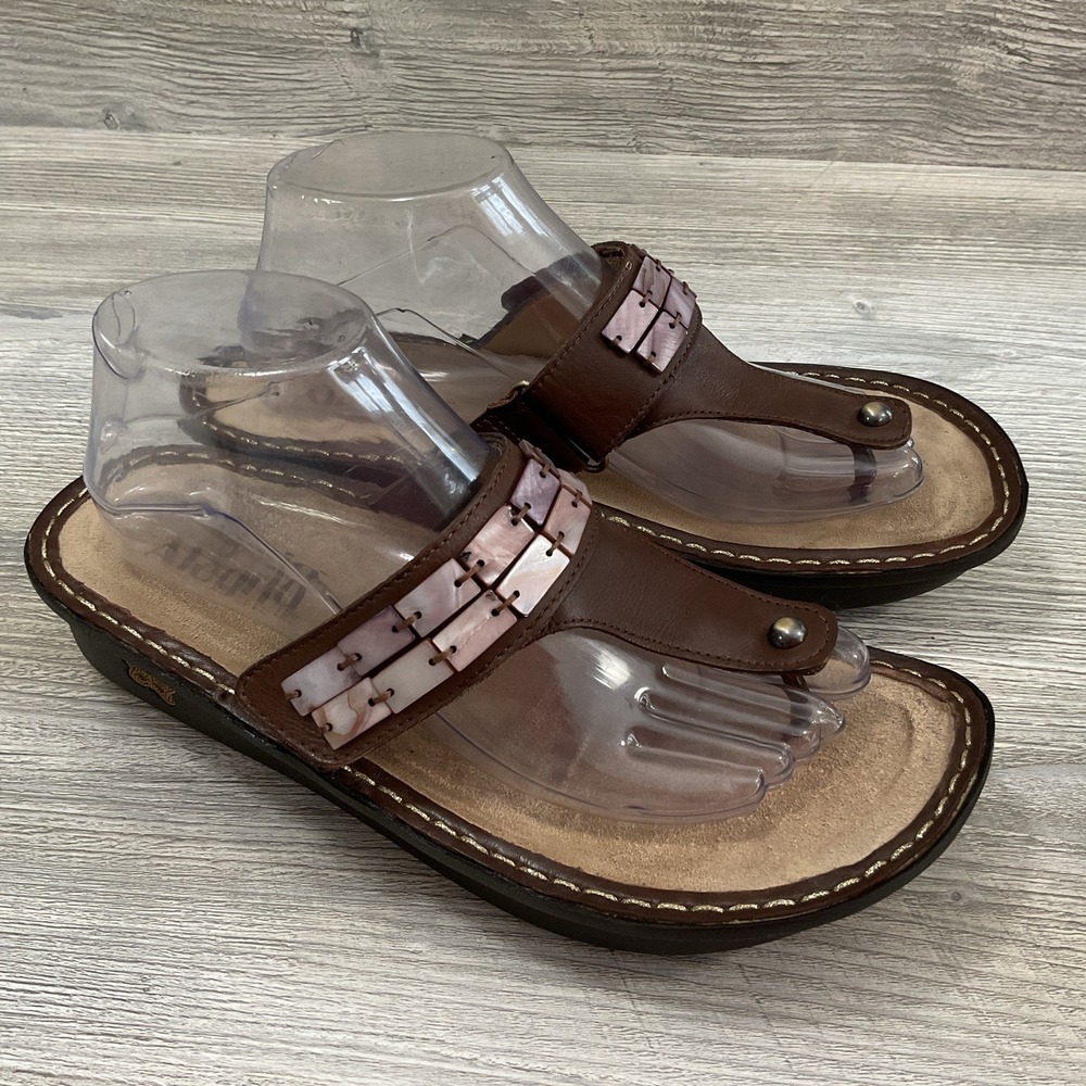 Alegria Women's 10 US 40 EU Carina Brown Leather Thong Sandals Shell Flat Beads